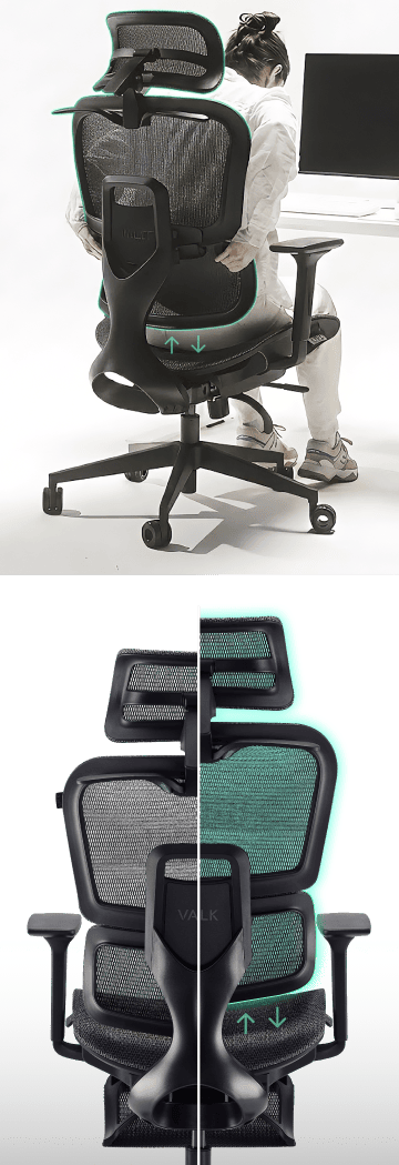 Silla VALK Myla con respaldo ajustable en 12 posiciones y detalle trasero del soporte lumbar