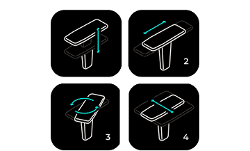 Diagrama de las 4 direcciones de regulación del reposabrazos de la silla VALK Myla