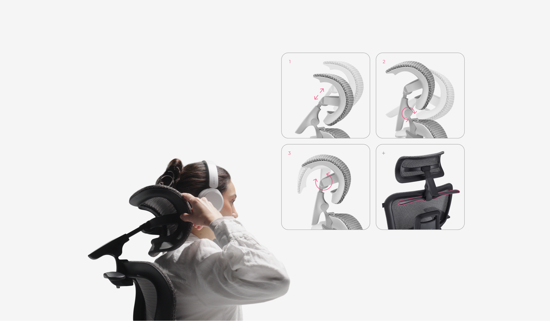 Reposacabezas 3D regulable en altura, inclinación y profundidad con percha trasera de la silla VALK Myla
