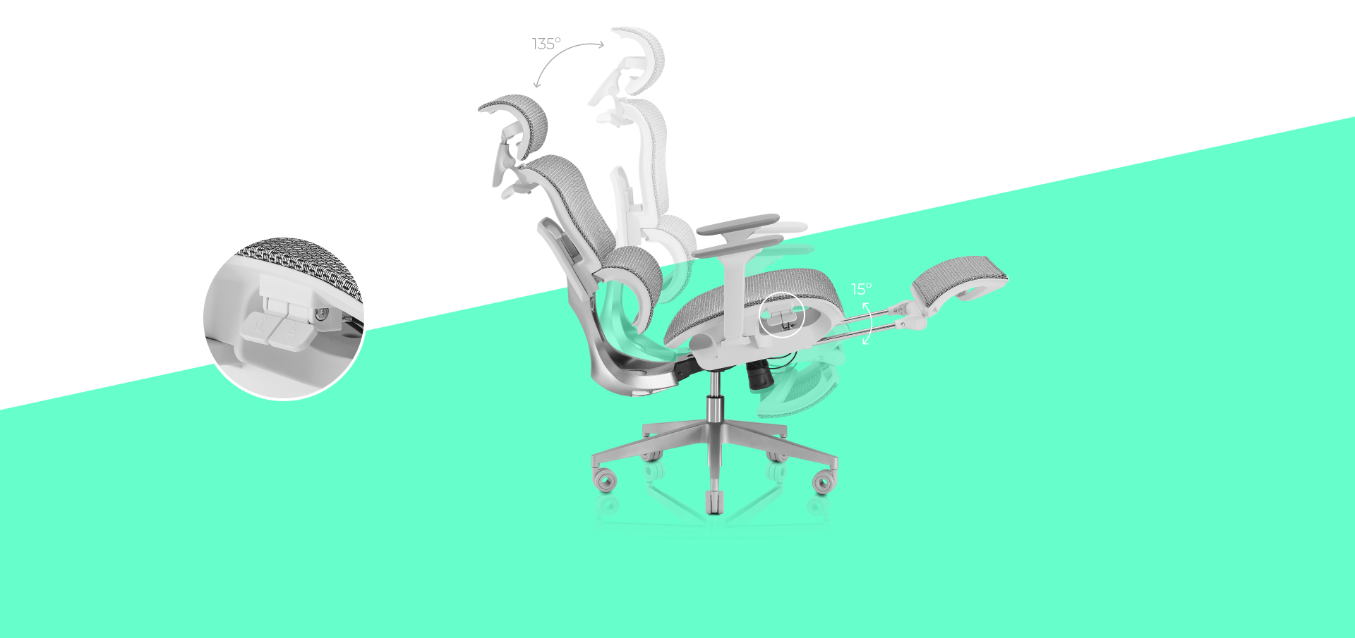Silla VALK Myla reclinada: mecanismo síncrono Pro hasta 135° y reposapiés de malla integrado