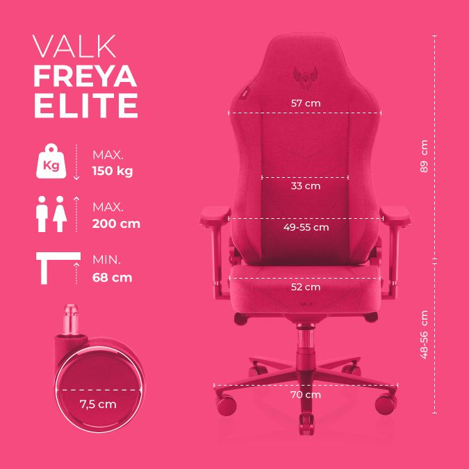 Medidas de la VALK Freya Elite: máximo 150 kg, hasta 200 cm de altura, respaldo 57 cm, asiento 52 cm, base 70 cm