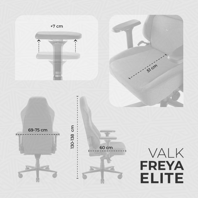 Esquema de dimensiones y regulación de altura de la VALK Freya Elite